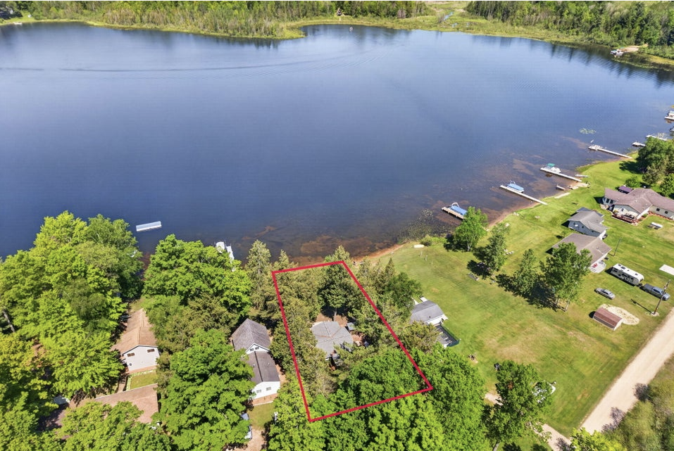 Aerial view showing the lot and lake frontage on Todd Lake