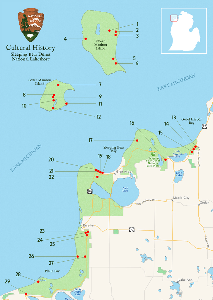 NPS Cultural History map of Sleeping Bear Dunes National Lakeshore showing North and South Manitou Islands