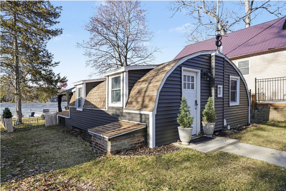 Quonset Hut cottage exterior on Swains Lake, Concord, MI