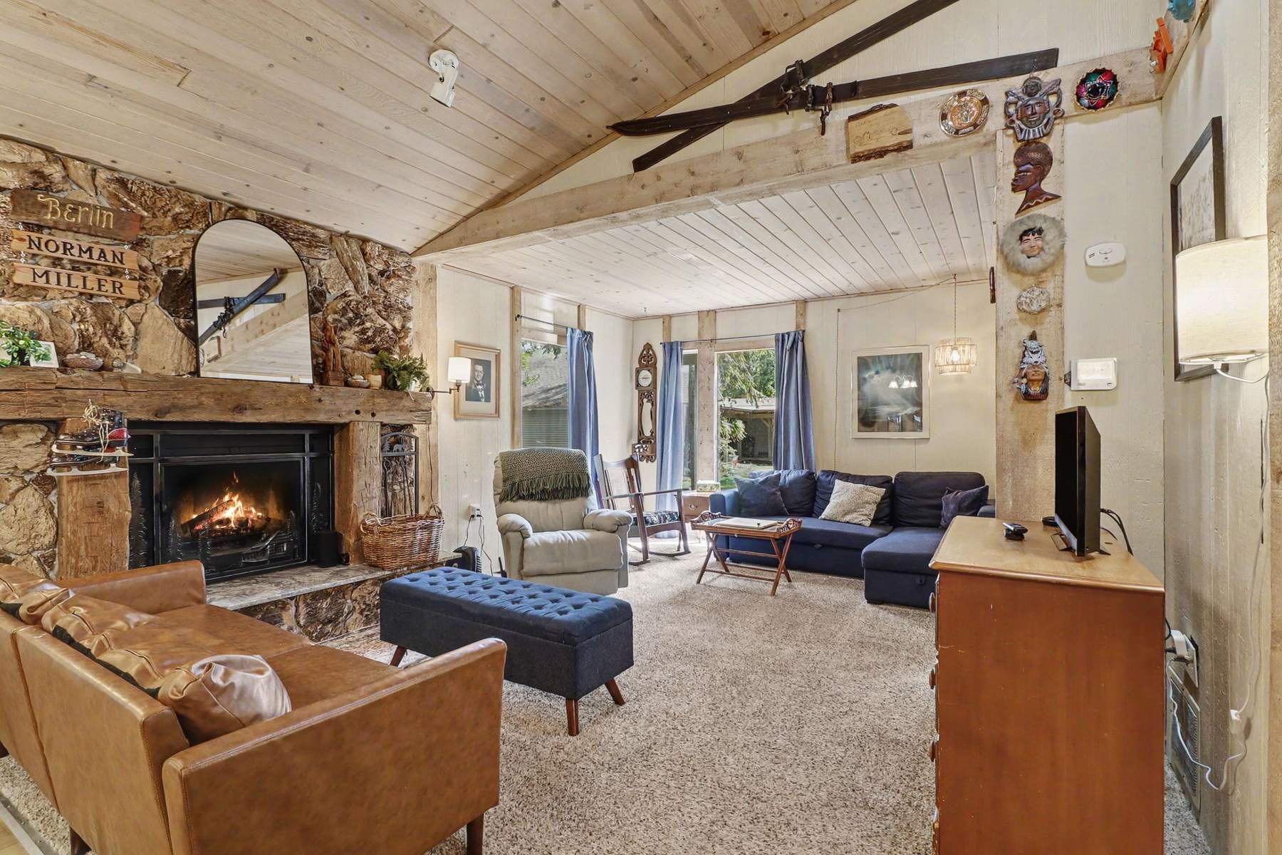 Fire burning in the stone fireplace